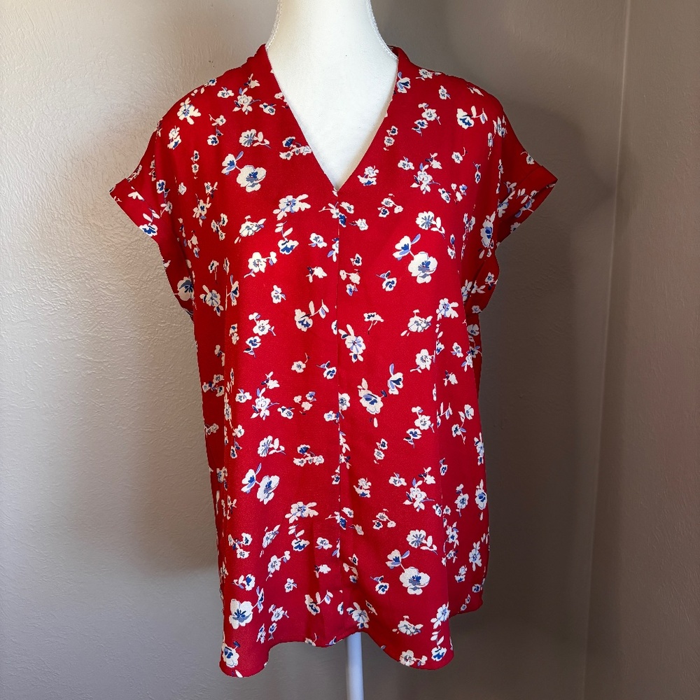 Pleione Red Floral Split Neck Top
